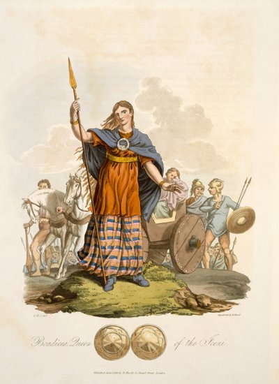 Boudicca, Königin der Iceni, gestochen von Richard Havell dem Älteren, veröffentlicht 1815 (handkolorierter Stich) von English School